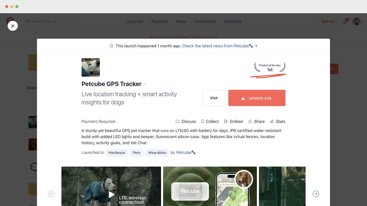 Screenshot of Petcube Tracker page on Product Hunt